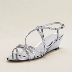 Nina Strappy Wedge Sandals Silver Crystal Embellished Dress Heels Womens 8.5M NW